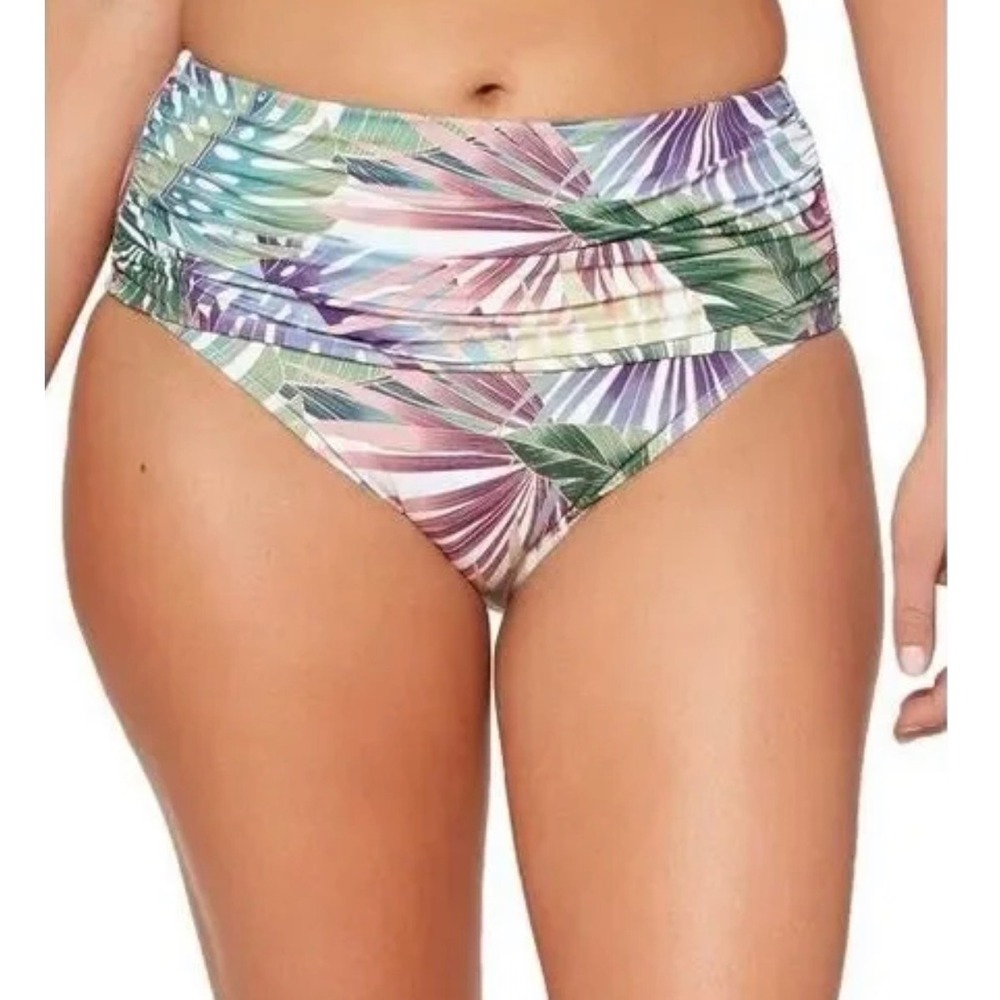 🌊Bleu Rod Beattie Womens Tropical Palm High Waist Ruched Bikini Bottom 6